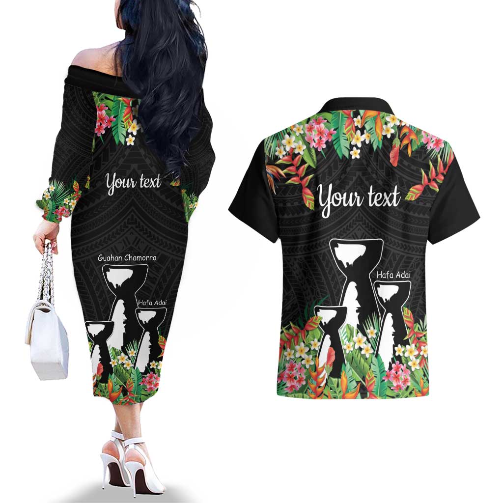 671 Guam Personalised Couples Matching Off The Shoulder Long Sleeve Dress and Hawaiian Shirt Latte Stone and Tropical Flowers LT9 - Polynesian Pride