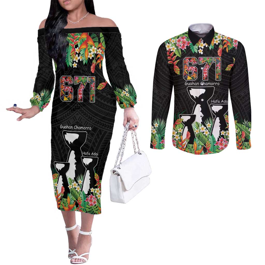 671 Guam Personalised Couples Matching Off The Shoulder Long Sleeve Dress and Long Sleeve Button Shirt Latte Stone and Tropical Flowers LT9 Black - Polynesian Pride