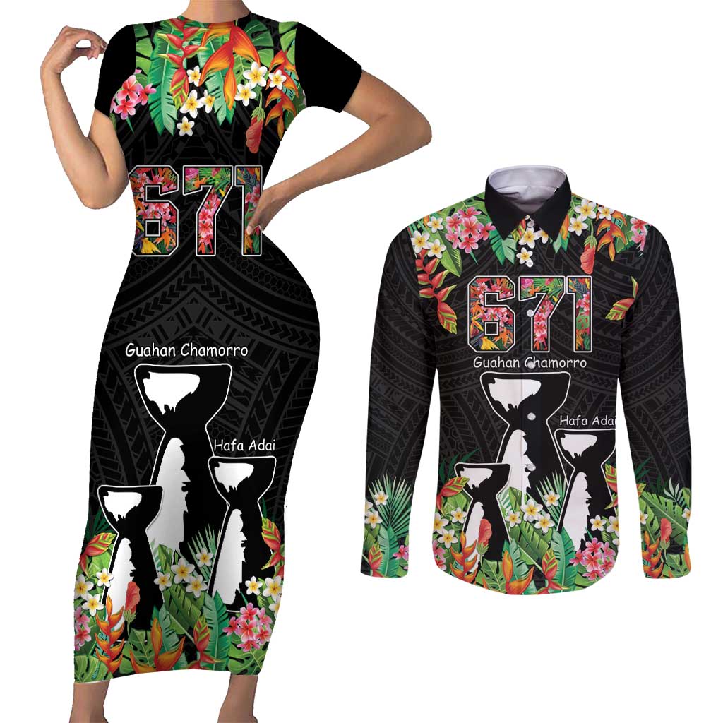 671 Guam Personalised Couples Matching Short Sleeve Bodycon Dress and Long Sleeve Button Shirt Latte Stone and Tropical Flowers LT9 Black - Polynesian Pride