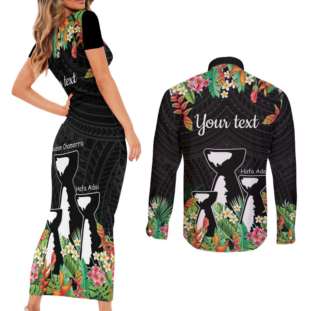 671 Guam Personalised Couples Matching Short Sleeve Bodycon Dress and Long Sleeve Button Shirt Latte Stone and Tropical Flowers LT9 - Polynesian Pride
