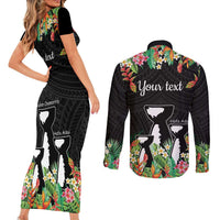 671 Guam Personalised Couples Matching Short Sleeve Bodycon Dress and Long Sleeve Button Shirt Latte Stone and Tropical Flowers LT9 - Polynesian Pride