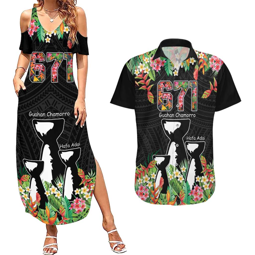 671 Guam Personalised Couples Matching Summer Maxi Dress and Hawaiian Shirt Latte Stone and Tropical Flowers LT9 Black - Polynesian Pride