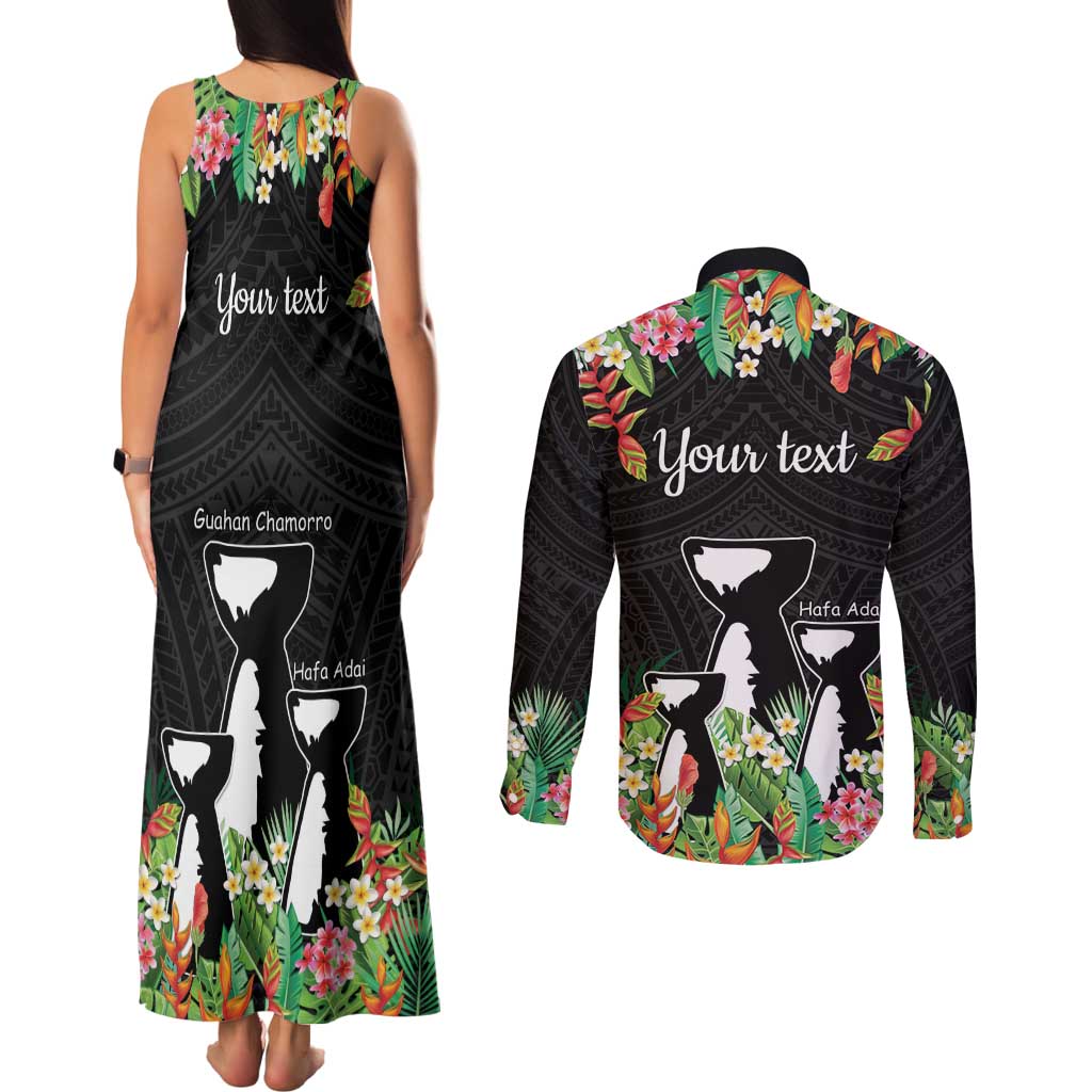 671 Guam Personalised Couples Matching Tank Maxi Dress and Long Sleeve Button Shirt Latte Stone and Tropical Flowers LT9 - Polynesian Pride