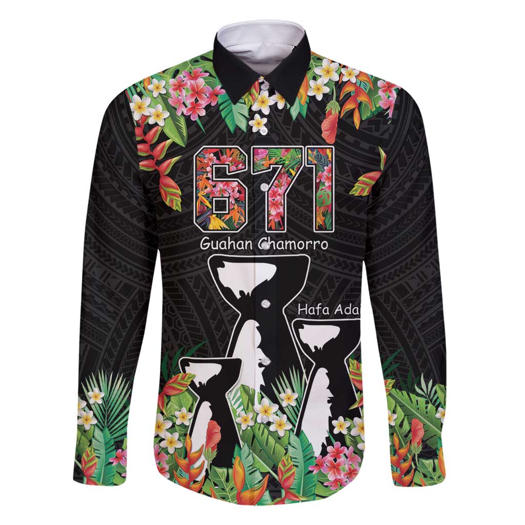 671 Guam Personalised Family Matching Mermaid Dress and Hawaiian Shirt Latte Stone and Tropical Flowers LT9 Dad's Shirt - Long Sleeve Black - Polynesian Pride