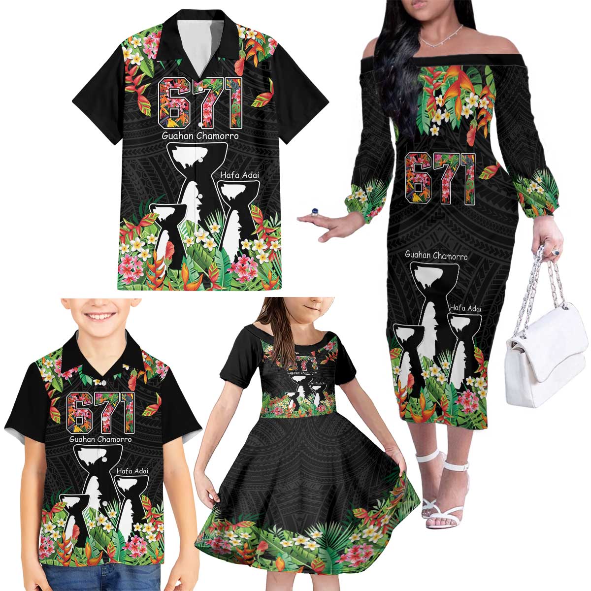 671 Guam Personalised Family Matching Off The Shoulder Long Sleeve Dress and Hawaiian Shirt Latte Stone and Tropical Flowers LT9 - Polynesian Pride