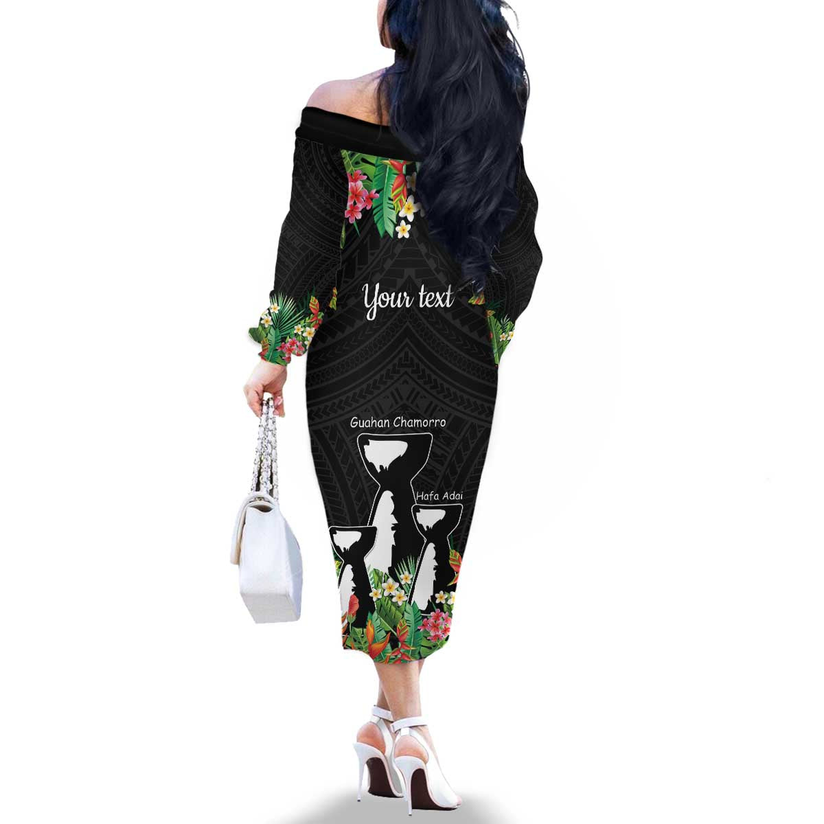 671 Guam Personalised Family Matching Off The Shoulder Long Sleeve Dress and Hawaiian Shirt Latte Stone and Tropical Flowers LT9 - Polynesian Pride