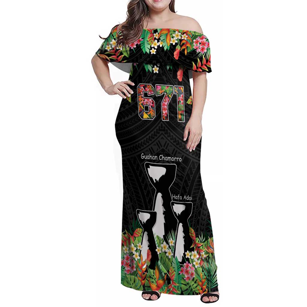 671 Guam Personalised Family Matching Off Shoulder Maxi Dress and Hawaiian Shirt Latte Stone and Tropical Flowers LT9 Mom's Dress Black - Polynesian Pride