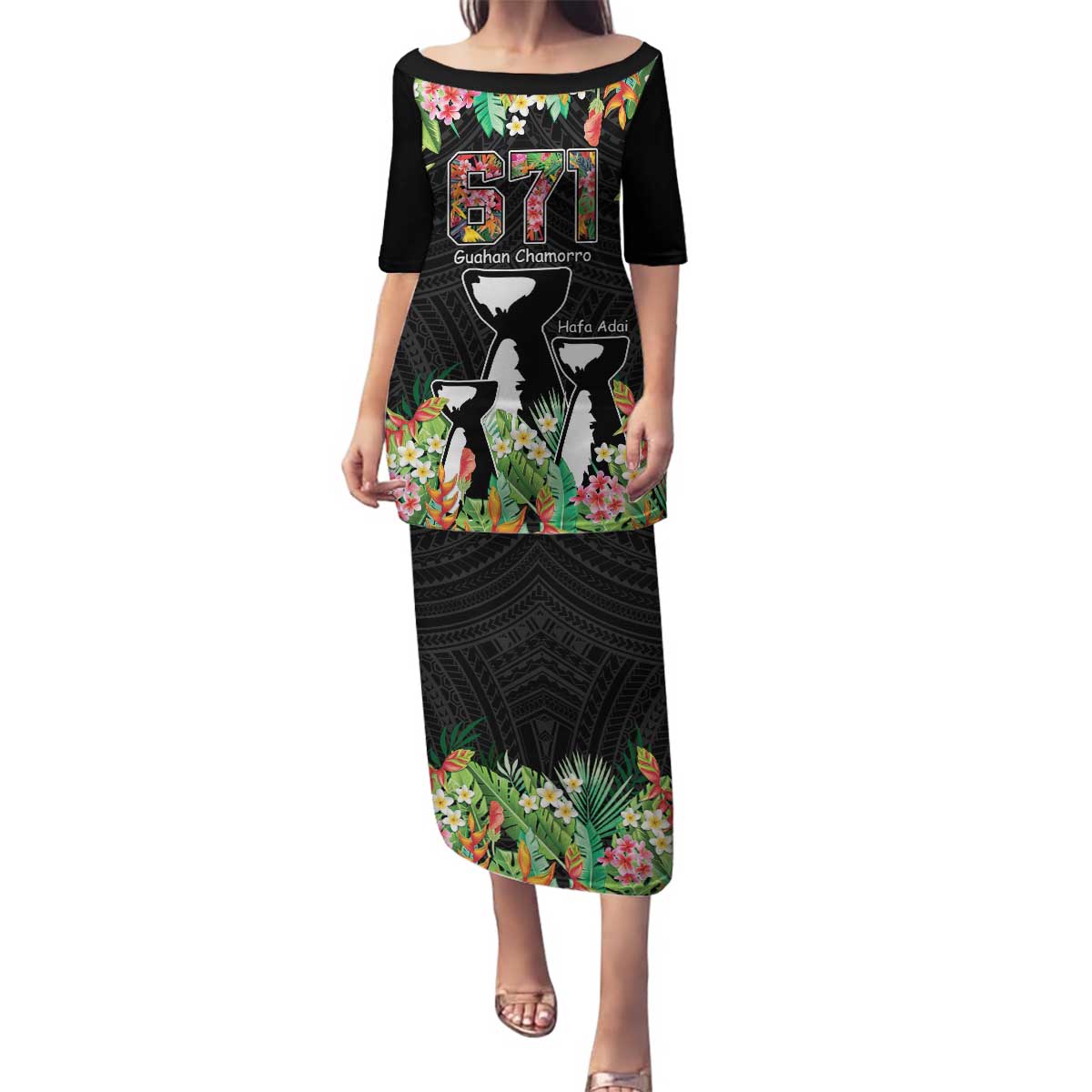 671 Guam Personalised Family Matching Puletasi and Hawaiian Shirt Latte Stone and Tropical Flowers LT9 Mom's Dress Black - Polynesian Pride
