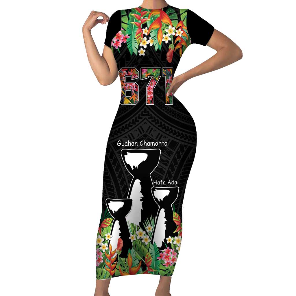 671 Guam Personalised Family Matching Short Sleeve Bodycon Dress and Hawaiian Shirt Latte Stone and Tropical Flowers LT9 Mom's Dress Black - Polynesian Pride