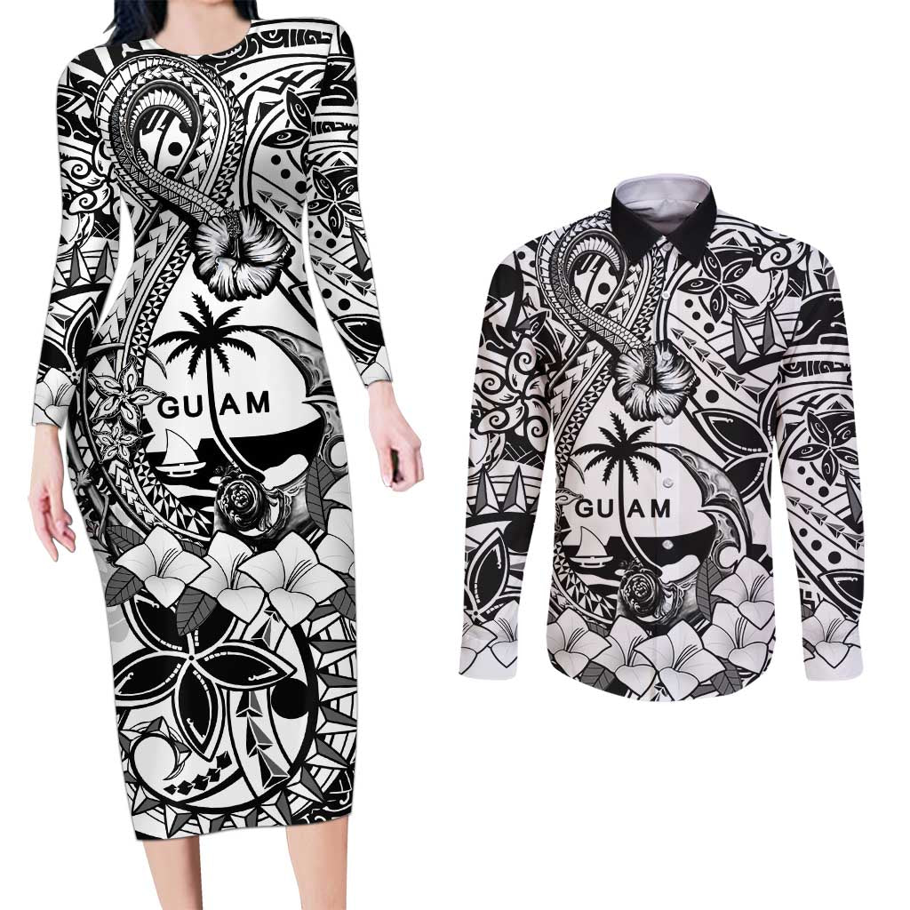 Guam Hafa Adai Guasali Flowers Couples Matching Long Sleeve Bodycon Dress and Long Sleeve Button Shirt LT9 Black - Polynesian Pride