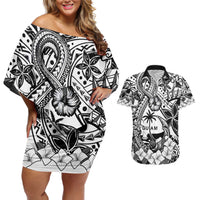 Guam Hafa Adai Guasali Flowers Couples Matching Off Shoulder Short Dress and Hawaiian Shirt LT9 Black - Polynesian Pride
