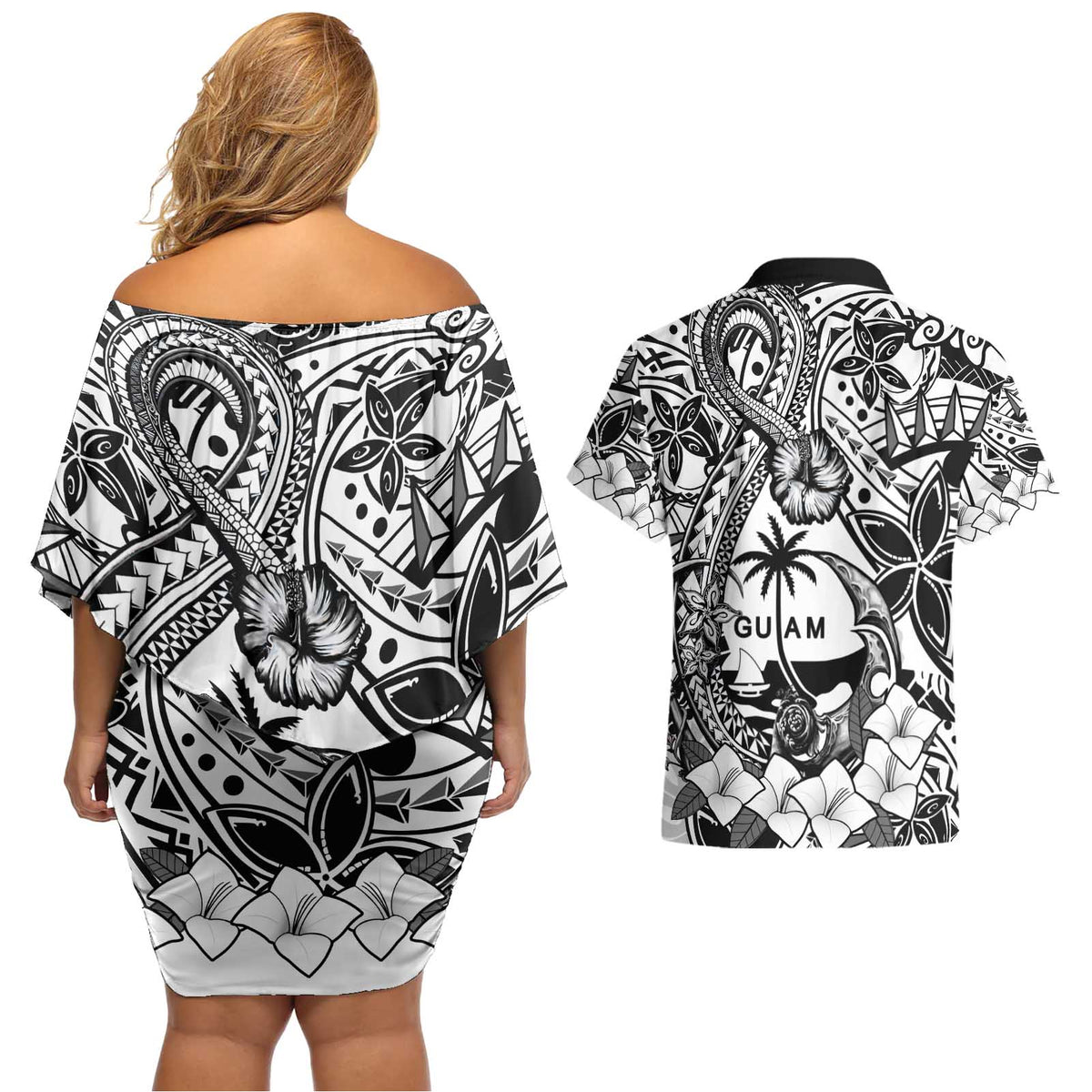 Guam Hafa Adai Guasali Flowers Couples Matching Off Shoulder Short Dress and Hawaiian Shirt LT9 - Polynesian Pride