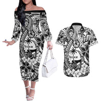 Guam Hafa Adai Guasali Flowers Couples Matching Off The Shoulder Long Sleeve Dress and Hawaiian Shirt LT9 Black - Polynesian Pride