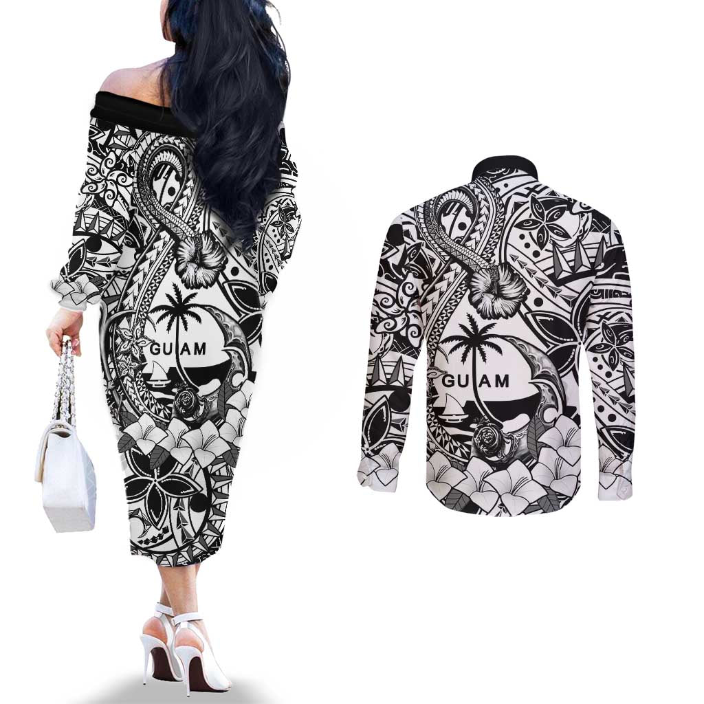 Guam Hafa Adai Guasali Flowers Couples Matching Off The Shoulder Long Sleeve Dress and Long Sleeve Button Shirt LT9 - Polynesian Pride