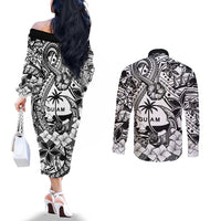 Guam Hafa Adai Guasali Flowers Couples Matching Off The Shoulder Long Sleeve Dress and Long Sleeve Button Shirt LT9 - Polynesian Pride