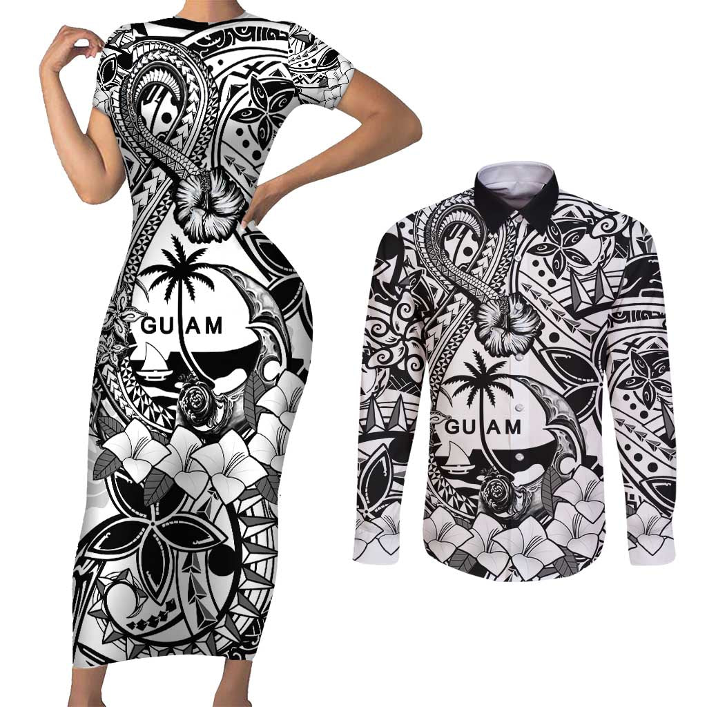 Guam Hafa Adai Guasali Flowers Couples Matching Short Sleeve Bodycon Dress and Long Sleeve Button Shirt LT9 Black - Polynesian Pride