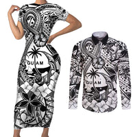 Guam Hafa Adai Guasali Flowers Couples Matching Short Sleeve Bodycon Dress and Long Sleeve Button Shirt LT9 Black - Polynesian Pride