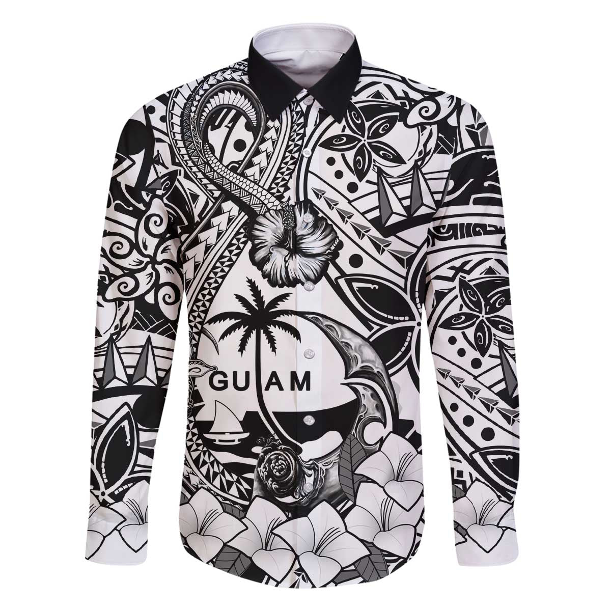 Guam Hafa Adai Guasali Flowers Family Matching Off Shoulder Short Dress and Hawaiian Shirt LT9 Dad's Shirt - Long Sleeve Black - Polynesian Pride