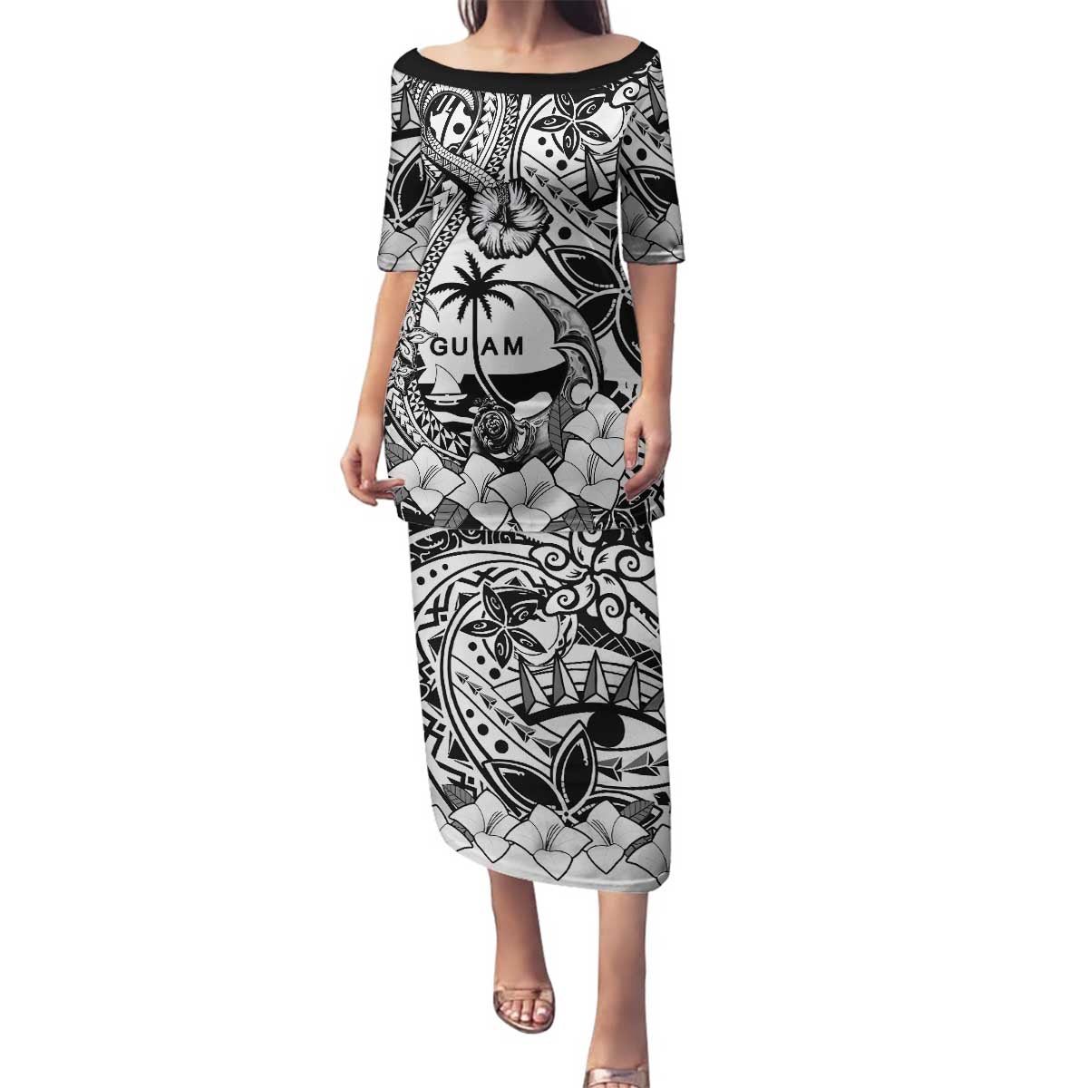 Guam Hafa Adai Guasali Flowers Family Matching Puletasi and Hawaiian Shirt LT9 Mom's Dress Black - Polynesian Pride