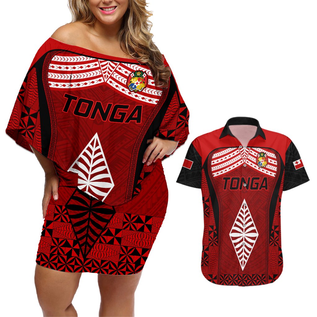 Tonga Rugby Couples Matching Off Shoulder Short Dress and Hawaiian Shirt Go Champions World Cup 2023 Ngatu Unique LT9 Red - Polynesian Pride