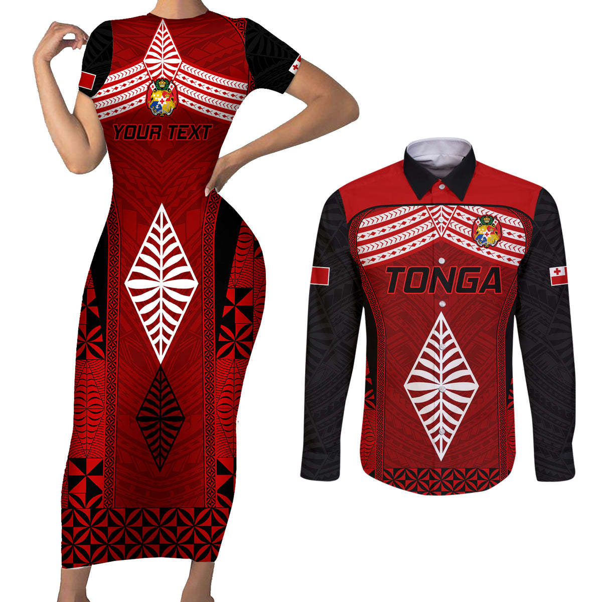 Custom Tonga Rugby Couples Matching Short Sleeve Bodycon Dress and Long Sleeve Button Shirts Go Champions World Cup 2023 Ngatu Unique LT9 Red - Polynesian Pride