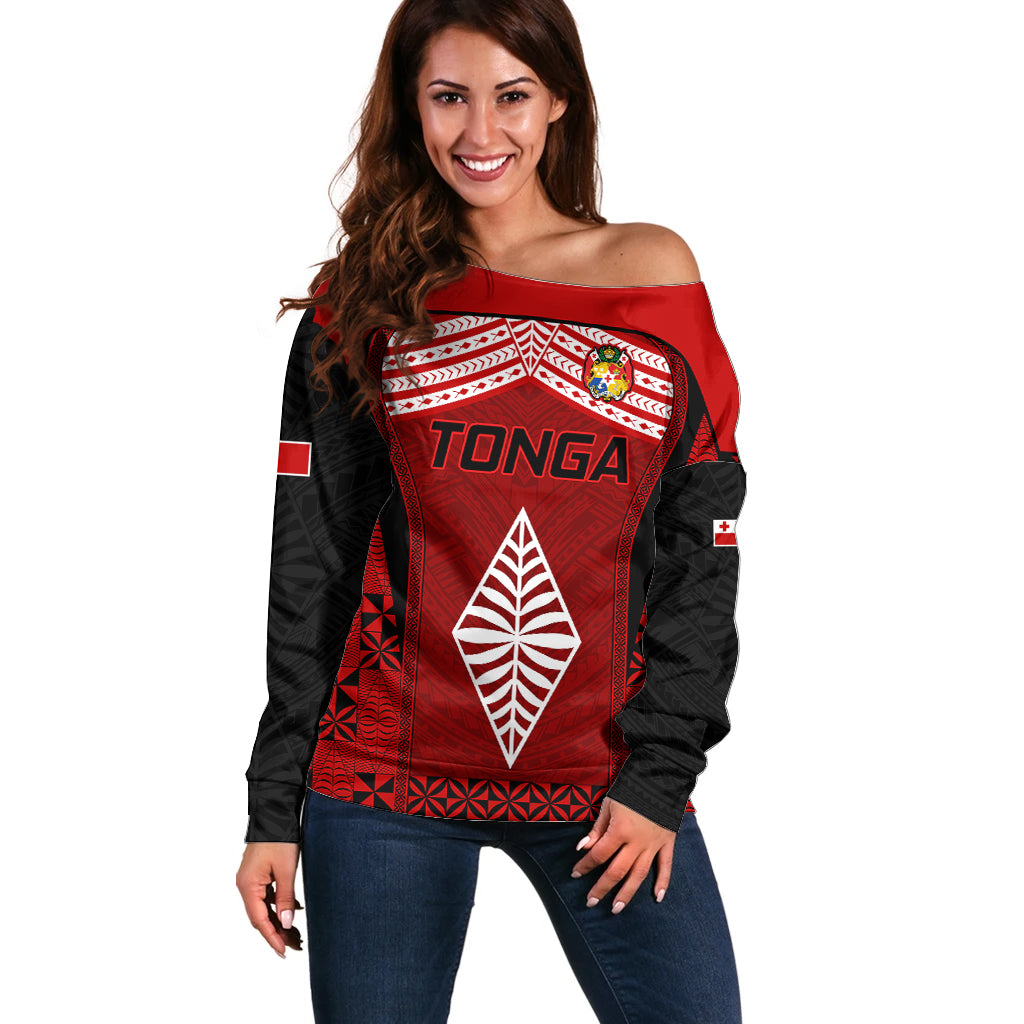 Custom Tonga Rugby Off Shoulder Sweater Go Champions World Cup 2023 Ngatu Unique LT9 Women Red - Polynesian Pride