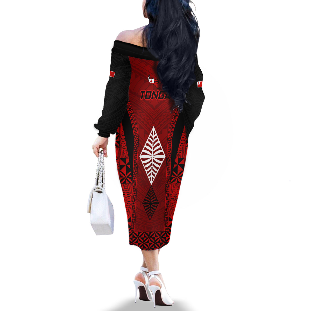 Custom Tonga Rugby Off The Shoulder Long Sleeve Dress Go Champions World Cup 2023 Ngatu Unique LT9 - Polynesian Pride