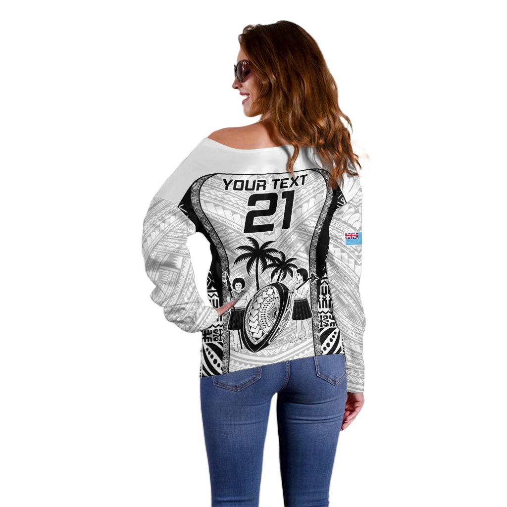 Custom Fiji Rugby Off Shoulder Sweater Go Champions World Cup 2023 Tapa Unique White Vibe LT9 - Polynesian Pride