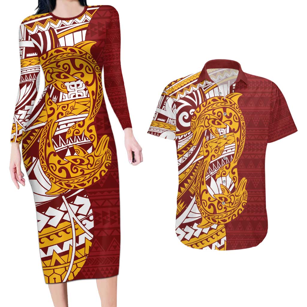 Couple Dolphins Maori Motif Couples Matching Long Sleeve Bodycon Dress and Hawaiian Shirt LT9 Burgundy - Polynesian Pride