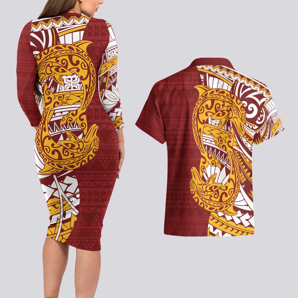 Couple Dolphins Maori Motif Couples Matching Long Sleeve Bodycon Dress and Hawaiian Shirt LT9 - Polynesian Pride