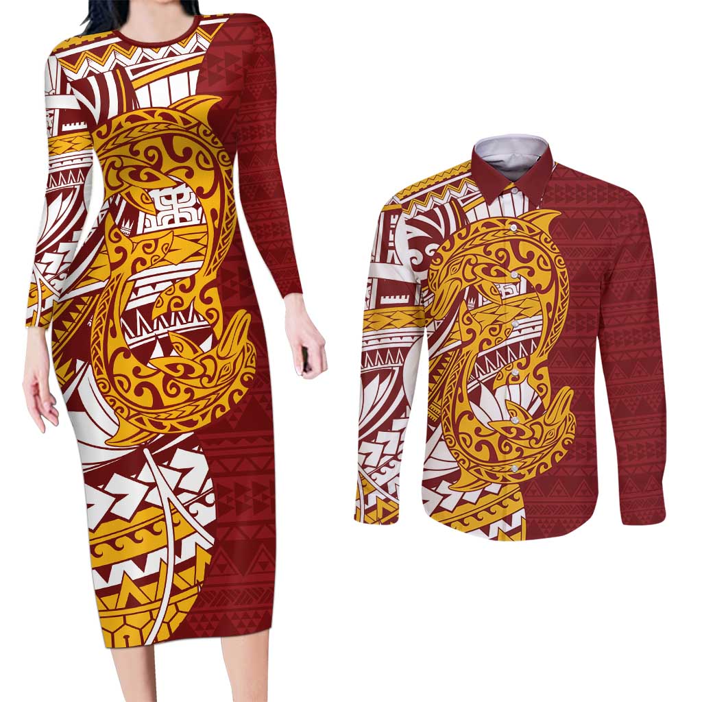 Couple Dolphins Maori Motif Couples Matching Long Sleeve Bodycon Dress and Long Sleeve Button Shirt LT9 Burgundy - Polynesian Pride