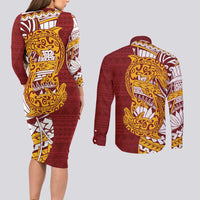 Couple Dolphins Maori Motif Couples Matching Long Sleeve Bodycon Dress and Long Sleeve Button Shirt LT9 - Polynesian Pride