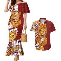 Couple Dolphins Maori Motif Couples Matching Mermaid Dress and Hawaiian Shirt LT9 Burgundy - Polynesian Pride