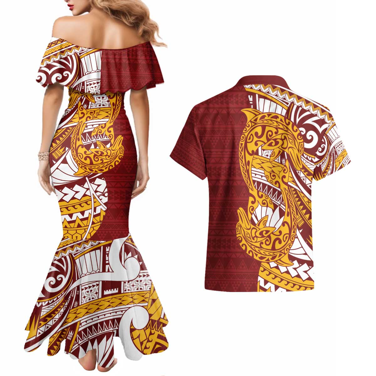 Couple Dolphins Maori Motif Couples Matching Mermaid Dress and Hawaiian Shirt LT9 - Polynesian Pride