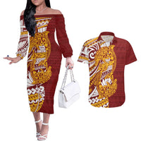 Couple Dolphins Maori Motif Couples Matching Off The Shoulder Long Sleeve Dress and Hawaiian Shirt LT9 Burgundy - Polynesian Pride