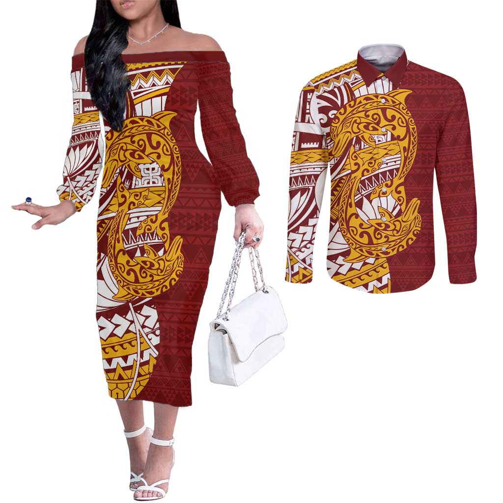 Couple Dolphins Maori Motif Couples Matching Off The Shoulder Long Sleeve Dress and Long Sleeve Button Shirt LT9 Burgundy - Polynesian Pride
