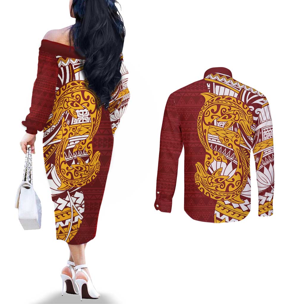 Couple Dolphins Maori Motif Couples Matching Off The Shoulder Long Sleeve Dress and Long Sleeve Button Shirt LT9 - Polynesian Pride