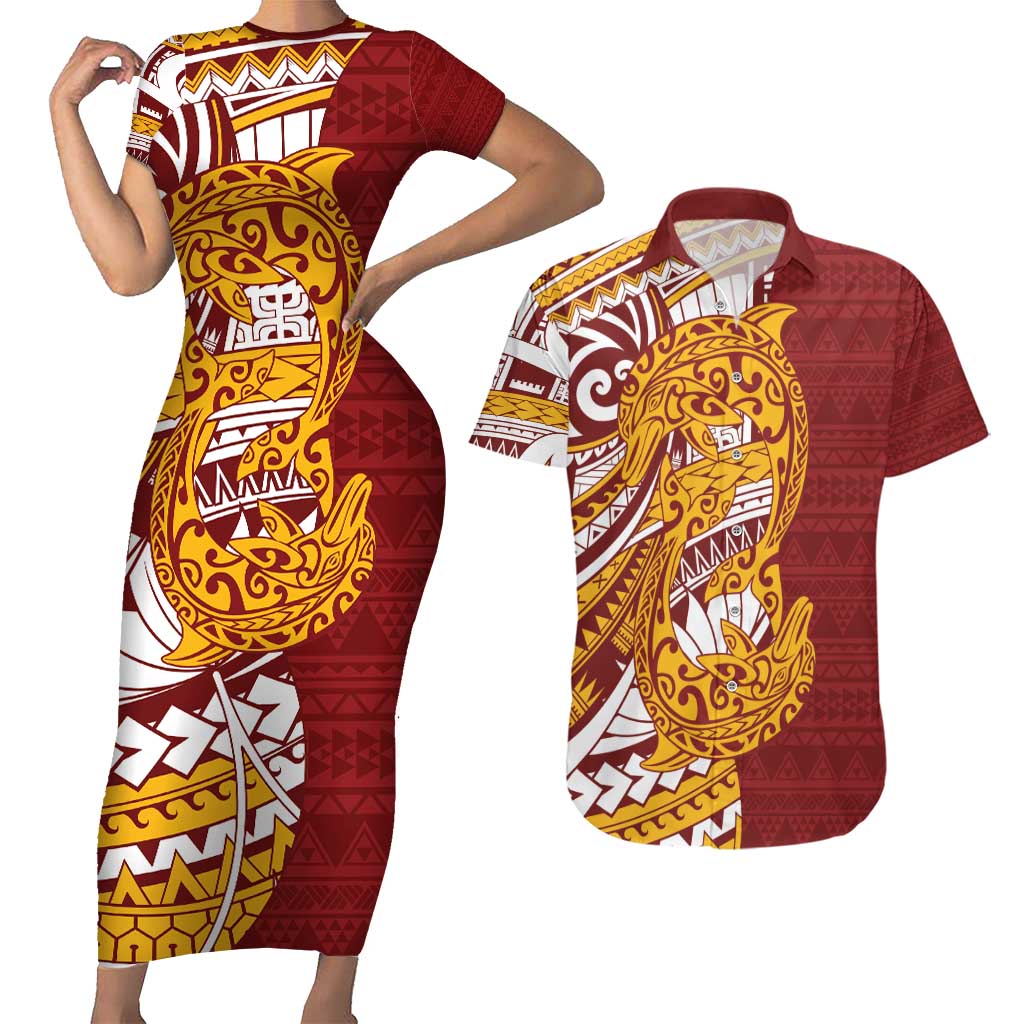 Couple Dolphins Maori Motif Couples Matching Short Sleeve Bodycon Dress and Hawaiian Shirt LT9 Burgundy - Polynesian Pride