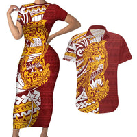 Couple Dolphins Maori Motif Couples Matching Short Sleeve Bodycon Dress and Hawaiian Shirt LT9 Burgundy - Polynesian Pride
