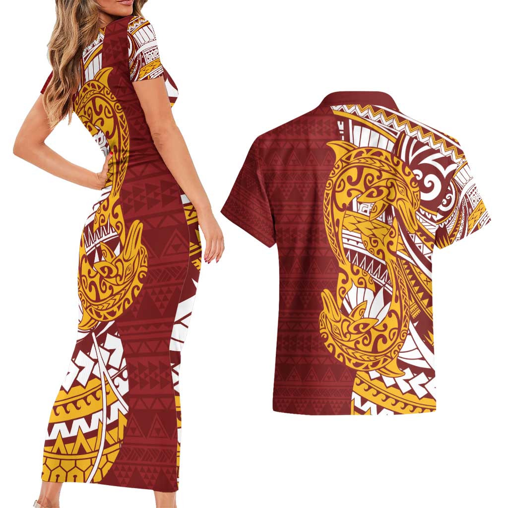 Couple Dolphins Maori Motif Couples Matching Short Sleeve Bodycon Dress and Hawaiian Shirt LT9 - Polynesian Pride