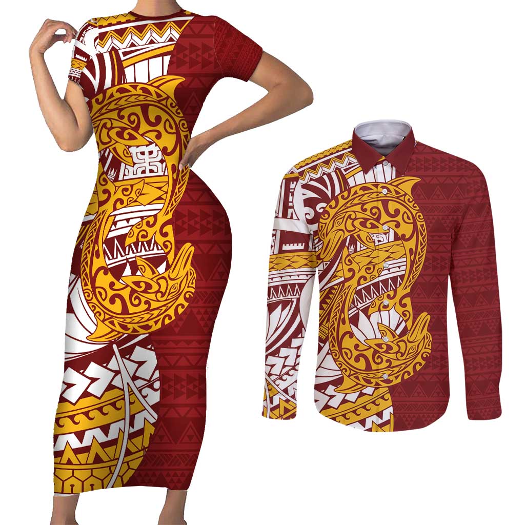 Couple Dolphins Maori Motif Couples Matching Short Sleeve Bodycon Dress and Long Sleeve Button Shirt LT9 Burgundy - Polynesian Pride