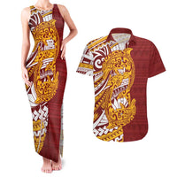 Couple Dolphins Maori Motif Couples Matching Tank Maxi Dress and Hawaiian Shirt LT9 Burgundy - Polynesian Pride