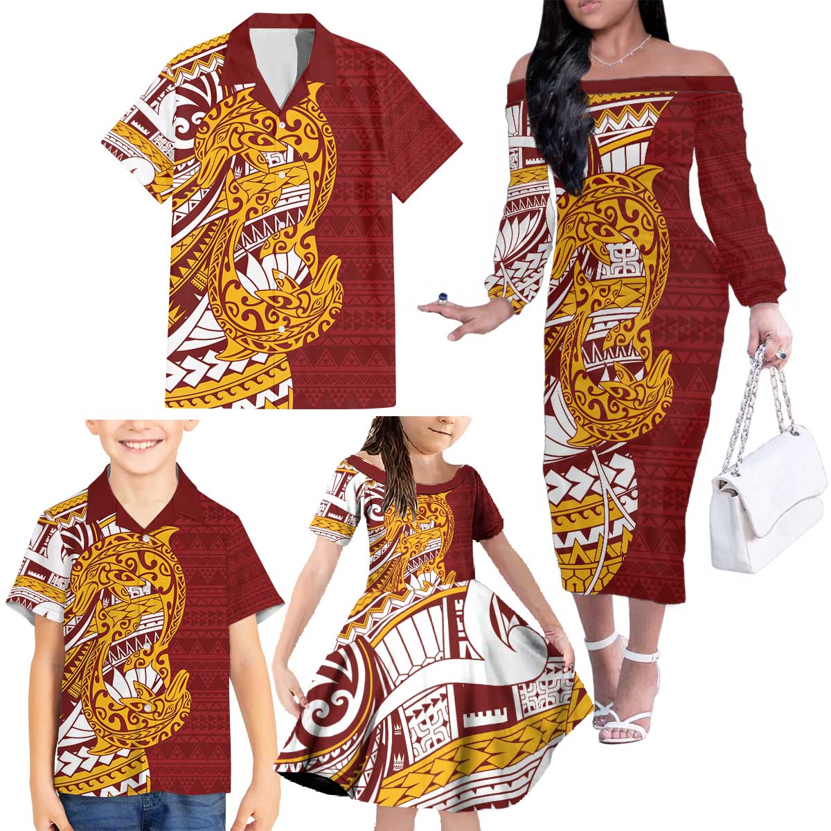 Couple Dolphins Maori Motif Family Matching Off The Shoulder Long Sleeve Dress and Hawaiian Shirt LT9 - Polynesian Pride
