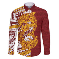 Couple Dolphins Maori Motif Family Matching Off The Shoulder Long Sleeve Dress and Hawaiian Shirt LT9 Dad's Shirt - Long Sleeve Burgundy - Polynesian Pride
