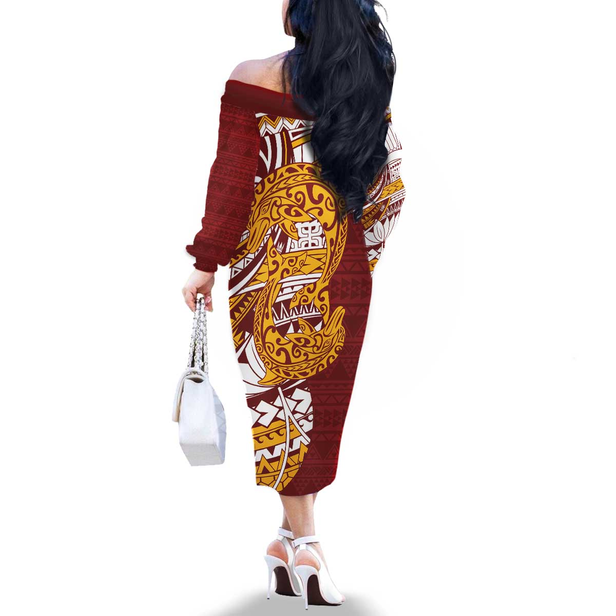 Couple Dolphins Maori Motif Family Matching Off The Shoulder Long Sleeve Dress and Hawaiian Shirt LT9 - Polynesian Pride