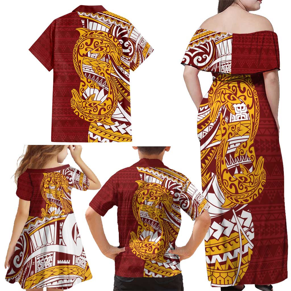 Couple Dolphins Maori Motif Family Matching Off Shoulder Maxi Dress and Hawaiian Shirt LT9 - Polynesian Pride