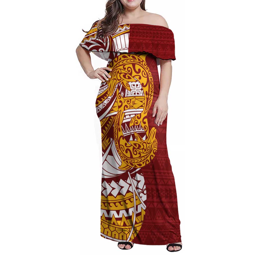 Couple Dolphins Maori Motif Family Matching Off Shoulder Maxi Dress and Hawaiian Shirt LT9 Mom's Dress Burgundy - Polynesian Pride