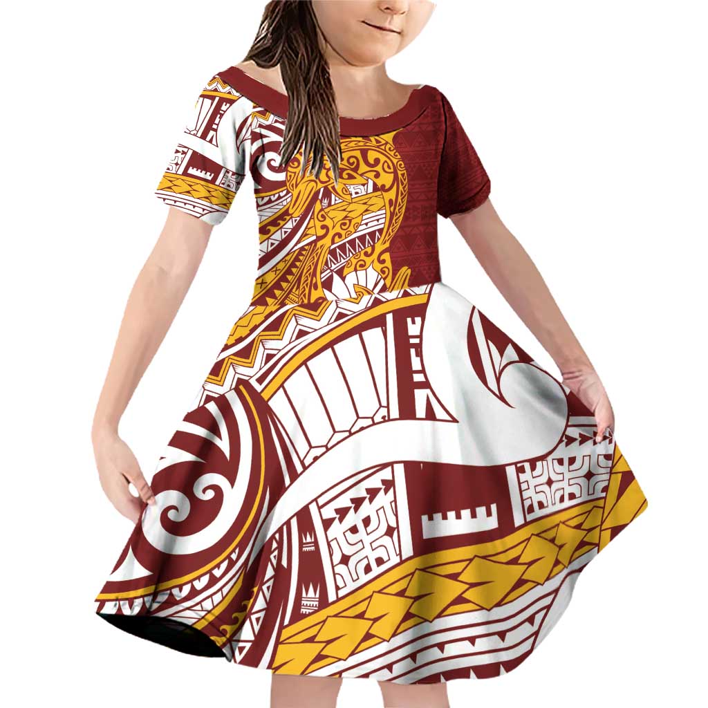 Couple Dolphins Maori Motif Family Matching Off Shoulder Short Dress and Hawaiian Shirt LT9 Daughter's Dress Burgundy - Polynesian Pride