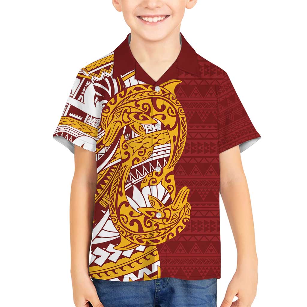 Couple Dolphins Maori Motif Family Matching Off Shoulder Short Dress and Hawaiian Shirt LT9 Son's Shirt Burgundy - Polynesian Pride