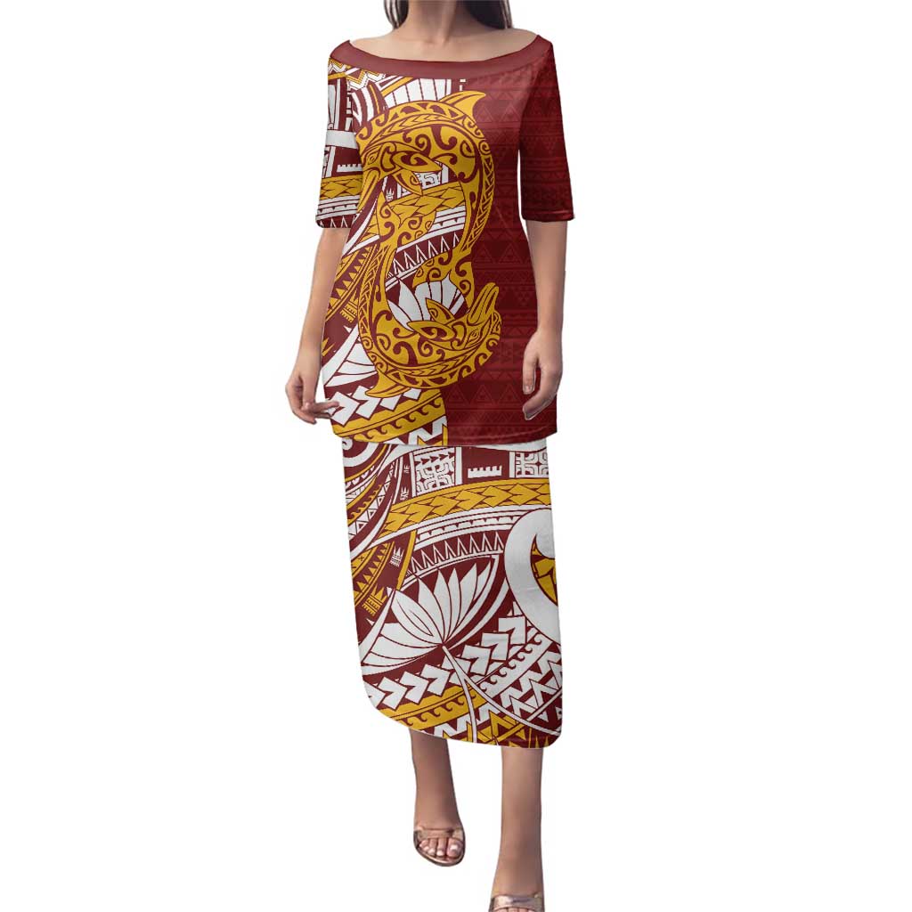 Couple Dolphins Maori Motif Family Matching Puletasi and Hawaiian Shirt LT9 Mom's Dress Burgundy - Polynesian Pride
